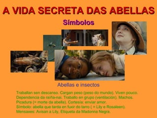 A VIDA SECRETA DAS ABELLAS Símbolos Abellas e insectos Traballan sen descanso. Cargan peso (peso do mundo). Viven pouco. Dependencia da raíña-nai. Traballo en grupo (ventilación). Machos. Picadura (= morte da abella). Cortesía: enviar amor. Símbolo: abella que tarda en fuxir do tarro ( = Lily e Rosaleen). Mensaxes: Avisan a Lily, Etiqueta da Madonna Negra. 