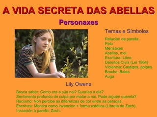 A VIDA SECRETA DAS ABELLAS Personaxes Lily Owens Busca saber: Como era a súa nai? Queríaa a ela? Sentimento profundo de culpa por matar a nai. Pode   alguén querela? Racismo: Non percibe as diferenzas de cor entre as persoas. Escritura: Mentira como invención + forma estética (Libreta de Zach). Iniciación á parella: Zach. Temas e Símbolos Relación de parella Pelo Mensaxes Abellas, mel Escritura: Libro Dereitos Civís (Lei 1964) Violencia: Castigos, golpes Broche: Balea Auga 