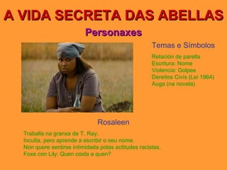 A VIDA SECRETA DAS ABELLAS Personaxes Rosaleen Traballa na granxa de T. Ray. Inculta, pero aprende a escribir o seu nome. Non quere sentirse intimidada polas actitudes racistas. Foxe con Lily: Quen coida a quen? Temas e Símbolos Relación de parella Escritura: Nome Violencia: Golpes Dereitos Civís (Lei 1964) Auga (na novela) 