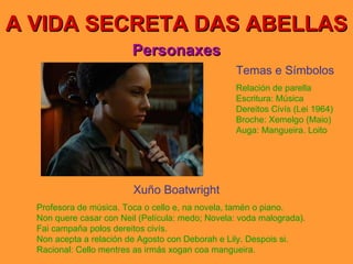 A VIDA SECRETA DAS ABELLAS Personaxes Xuño Boatwright Profesora de música. Toca o cello e, na novela, tamén o piano. Non quere casar con Neil (Película: medo; Novela: voda malograda). Fai campaña polos dereitos civís. Non acepta a relación de Agosto con Deborah e Lily. Despois si. Racional: Cello mentres as irmás xogan coa mangueira. Temas e Símbolos Relación de parella Escritura: Música Dereitos Civís (Lei 1964) Broche: Xemelgo (Maio) Auga: Mangueira. Loito 