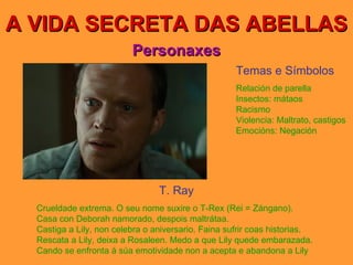 A VIDA SECRETA DAS ABELLAS Personaxes T. Ray Crueldade extrema. O seu nome suxire o T-Rex (Rei = Zángano). Casa con Deborah namorado, despois maltrátaa. Castiga a Lily, non celebra o aniversario. Faina sufrir coas historias. Rescata a Lily, deixa a Rosaleen. Medo a que Lily quede embarazada. Cando se enfronta á súa emotividade non a acepta e abandona a Lily Temas e Símbolos Relación de parella Insectos: mátaos Racismo Violencia: Maltrato, castigos Emocións: Negación 