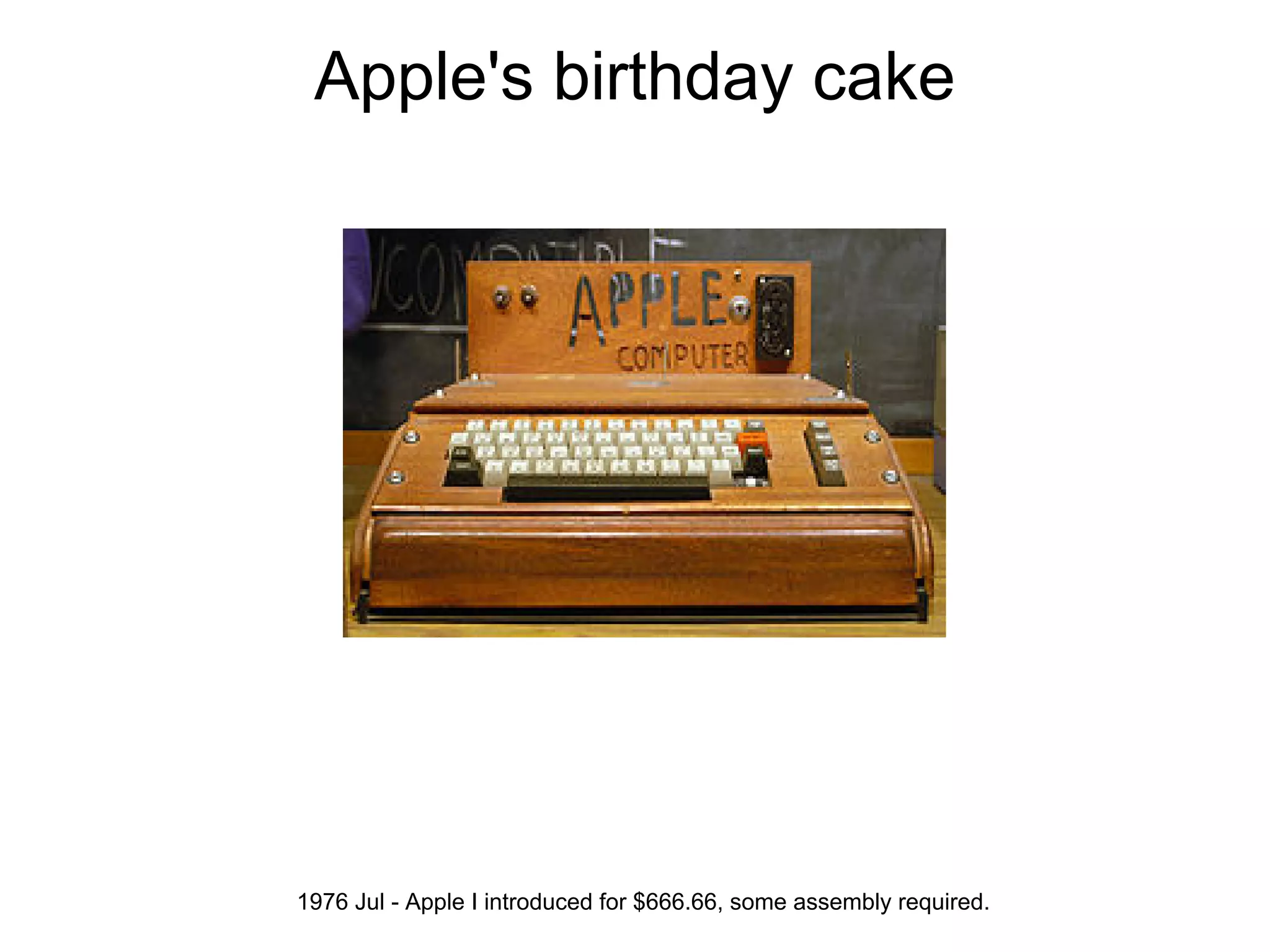 Apple's birthday cake




1976 Jul - Apple I introduced for $666.66, some assembly required.
 