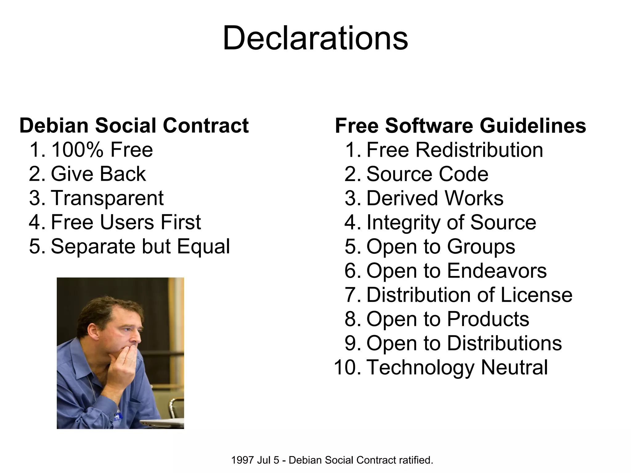Declarations

Debian Social Contract                    Free Software Guidelines
 1. 100% Free                              1. Free Redistribution
 2. Give Back                              2. Source Code
 3. Transparent                            3. Derived Works
 4. Free Users First                       4. Integrity of Source
 5. Separate but Equal                     5. Open to Groups
                                           6. Open to Endeavors
                                           7. Distribution of License
                                           8. Open to Products
                                           9. Open to Distributions
                                          10. Technology Neutral



                    1997 Jul 5 - Debian Social Contract ratified.
 