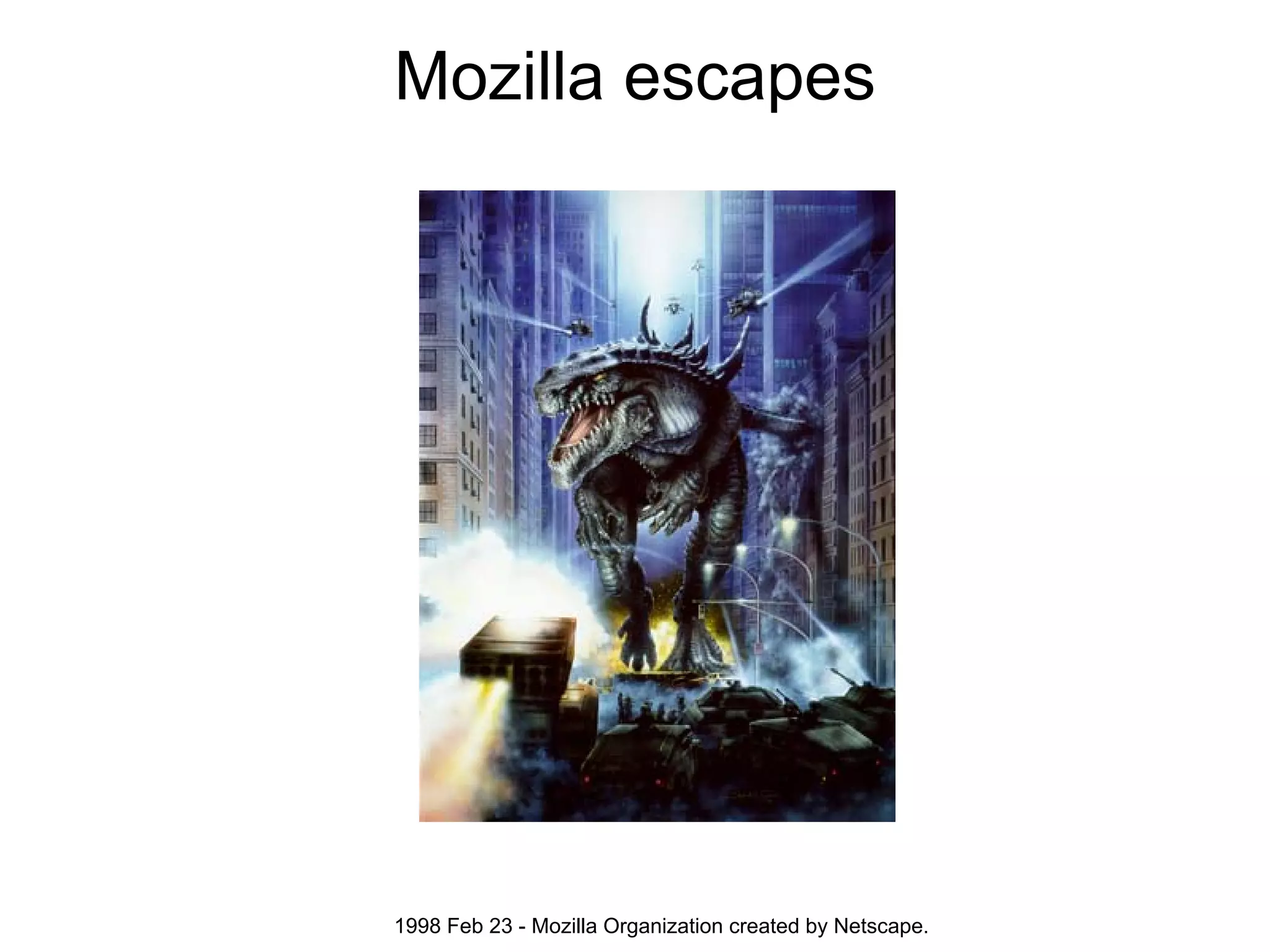 Mozilla escapes




1998 Feb 23 - Mozilla Organization created by Netscape.
 