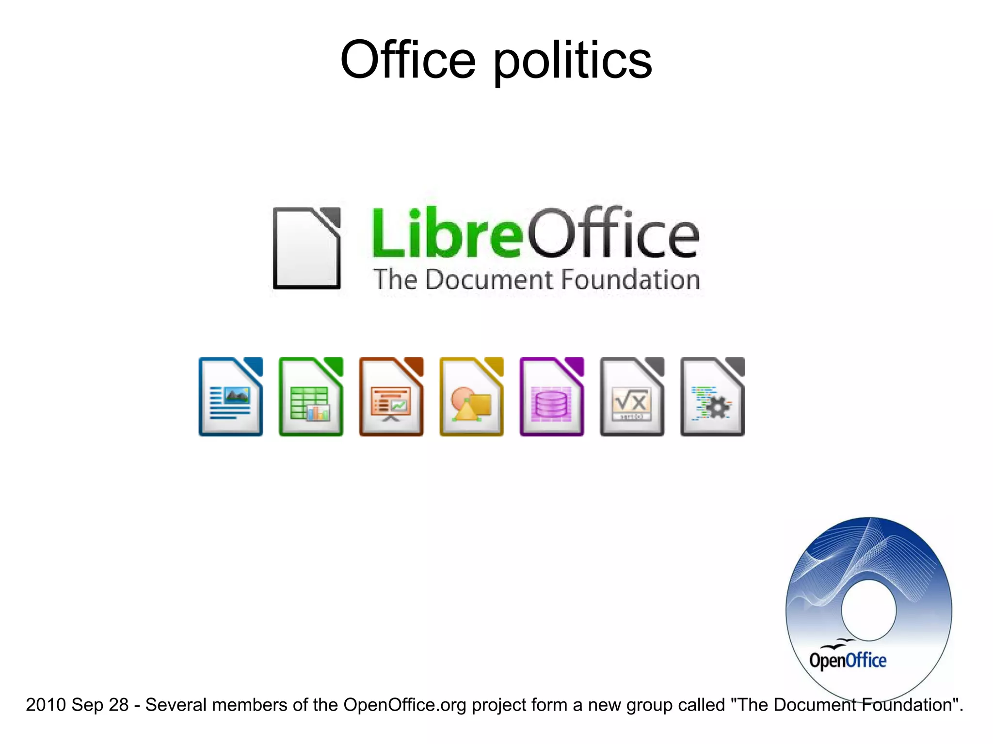 Office politics




2010 Sep 28 - Several members of the OpenOffice.org project form a new group called "The Document Foundation".
 