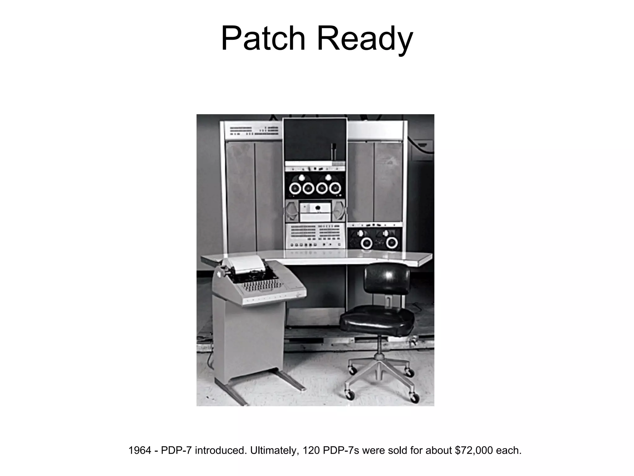 Patch Ready




1964 - PDP-7 introduced. Ultimately, 120 PDP-7s were sold for about $72,000 each.
 