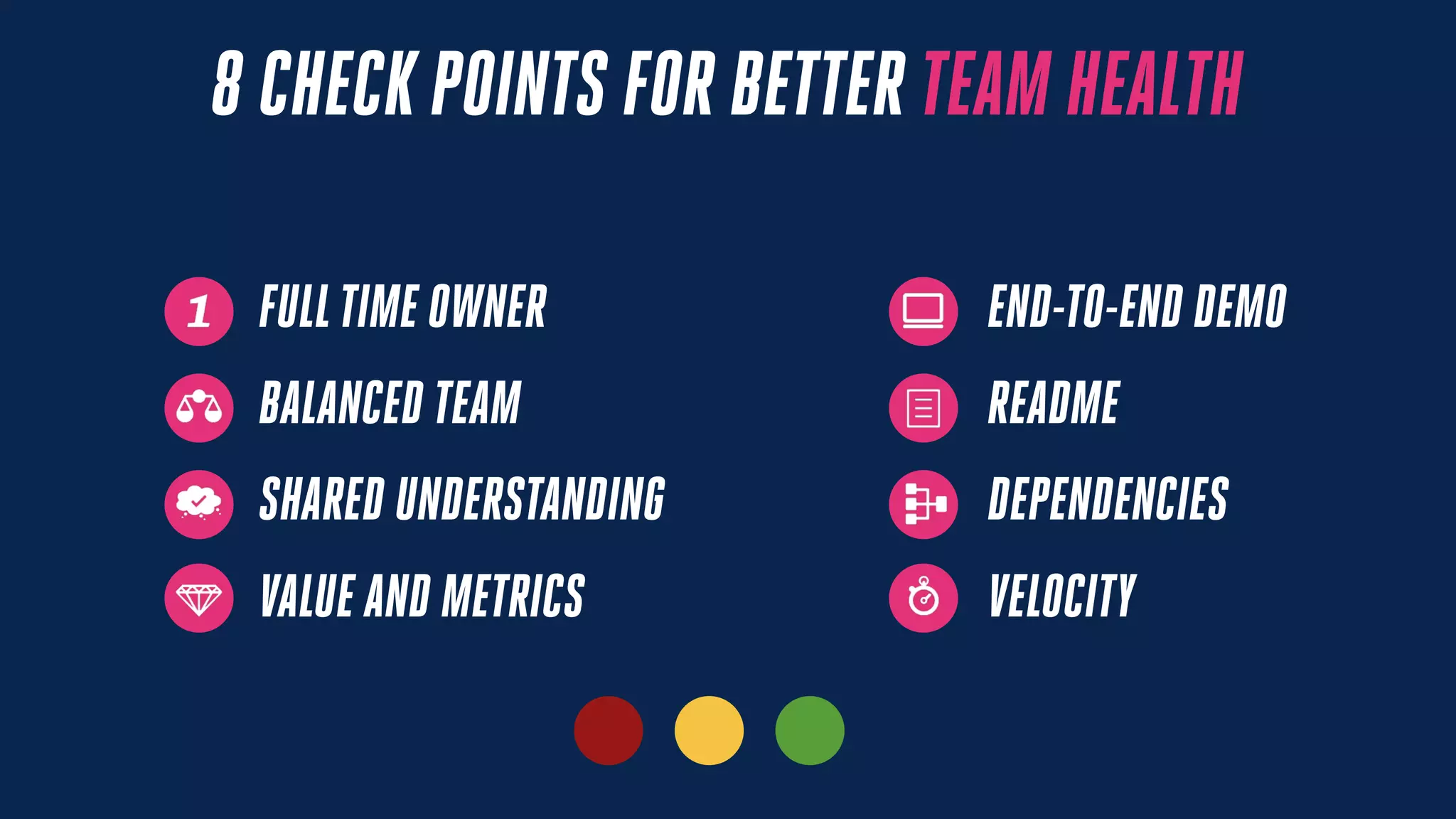 8 CHECK POINTS FOR BETTER TEAM HEALTH
1 FULLTIME OWNER
BALANCED TEAM
SHARED UNDERSTANDING
VALUE AND METRICS
END-TO-END DEMO
README
DEPENDENCIES
VELOCITY
 