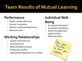 Performance
 Higher quality decisions
 Greater innovation
 Shorter implementation time
 Reduced costs
Working Relationships
 Greater commitment
 Increased trust
 Reduced defensiveness
 Productive conflict
 Appropriate dependence on others
Individual Well-
Being
 Increased motivation
 Increased satisfaction
 Richer development
opportunities
 Reduced stress
 
