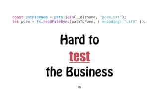 const pathToPoem = path.join(!__dirname, "poem.txt");
let poem = fs.readFileSync(pathToPoem, { encoding: "utf8" });
Hard to  
test
the Business
35
 