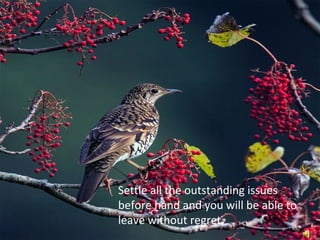 Settle all the outstanding issues
before hand and you will be able to
leave without regret.
 