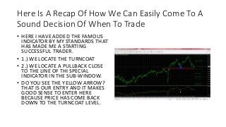 Here Is A Recap Of How We Can Easily Come To A
Sound Decision Of When To Trade
• HERE I HAVE ADDED THE FAMOUS
INDICATOR BY MY STANDARDS THAT
HAS MADE ME A STARTING
SUCCESSFUL TRADER.
• 1.) WE LOCATE THE TURNCOAT
• 2.) WE LOCATE A PULLBACK CLOSE
TO THE LINE OF THI SPECIAL
INDICATOR IN THE SUB-WINDOW.
• DO YOU SEE THE YELLOW ARROW?
THAT IS OUR ENTRY AND IT MAKES
GOOD SENSE TO ENTER HERE
BECAUSE PRICE HAS COME BACK
DOWN TO THE TURNCOAT LEVEL.
 