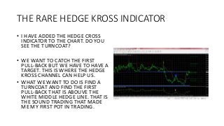 THE RARE HEDGE KROSS INDICATOR
• I HAVE ADDED THE HEDGE CROSS
INDICATOR TO THE CHART. DO YOU
SEE THE TURNCOAT?
• WE WANT TO CATCH THE FIRST
PULL-BACK BUT WE HAVE TO HAVE A
TARGET. THIS IS WHERE THE HEDGE
KROSS CHANNEL CAN HELP US.
• WHAT WE WANT TO DO IS FIND A
TURNCOAT AND FIND THE FIRST
PULL-BACK THAT IS ABOUVE THE
WHITE MIDDLE HEDGE LINE. THAT IS
THE SOUND TRADING THAT MADE
ME MY FIRST POT IN TRADING.
 