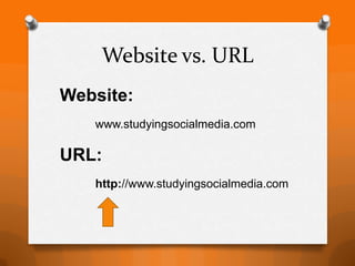 Website vs. URL
Website:
   www.studyingsocialmedia.com

URL:
   http://www.studyingsocialmedia.com
 