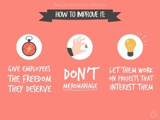 HOW TO IMPROVE IT:
Give employees
the freedom
They deserve
Let them work
on projects that
interest them
Don’Tmicromanage
 