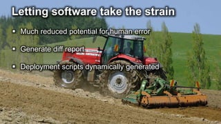 Letting software take the strain
 Much reduced potential for human error
 Generate diff report
 Deployment scripts dynamically generated
 