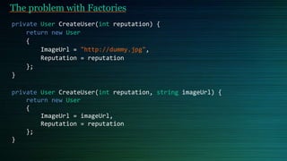 The problem with Factories
private User CreateUser(int reputation) {
return new User
{
ImageUrl = "http://dummy.jpg",
Reputation = reputation
};
}
private User CreateUser(int reputation, string imageUrl) {
return new User
{
ImageUrl = imageUrl,
Reputation = reputation
};
}
 