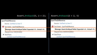 Assert.AreEqual(5, 2 + 2); Assert.AreEqual(2 + 2, 5)
 