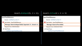 Assert.AreEqual(5, 2 + 2); Assert.IsTrue(2 + 2 == 5)
 
