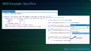 BDD Example: SpecFlow
http://www.specflow.org/
 