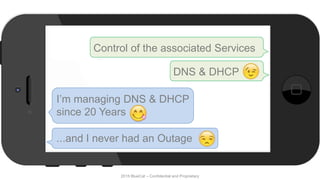 2015 BlueCat – Confidential and Proprietary
I’m managing DNS & DHCP
since 20 Years
...and I never had an Outage
Control of the associated Services
DNS & DHCP
 
