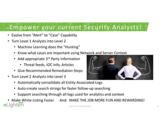 12
Empower your current Security Analysts!
Cybraics Confidential 2016
• Evolve from “Alert” to “Case” Capability
• Turn Le...