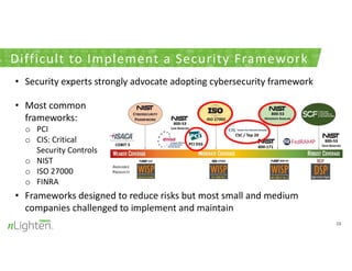 Difficult to Implement a Security Framework
13
• Security experts strongly advocate adopting cybersecurity framework
• Mos...