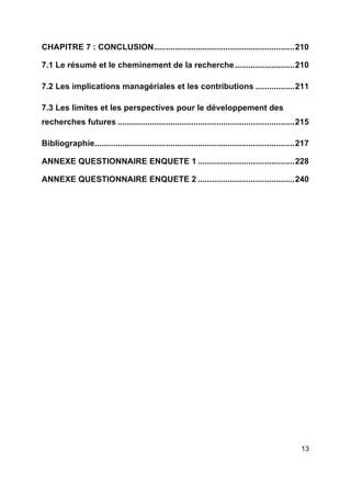 13
CHAPITRE 7 : CONCLUSION.............................................................210
7.1 Le résumé et le cheminement de la recherche..........................210
7.2 Les implications managériales et les contributions .................211
7.3 Les limites et les perspectives pour le développement des
recherches futures .............................................................................215
Bibliographie.......................................................................................217
ANNEXE QUESTIONNAIRE ENQUETE 1 ..........................................228
ANNEXE QUESTIONNAIRE ENQUETE 2 ..........................................240
 