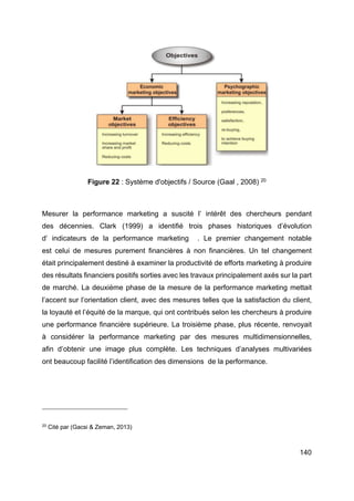 140
Figure 22 : Système d'objectifs / Source (Gaal , 2008) 20
Mesurer la performance marketing a suscité l’ intérêt des chercheurs pendant
des décennies. Clark (1999) a identifié trois phases historiques d’évolution
d’ indicateurs de la performance marketing . Le premier changement notable
est celui de mesures purement financières à non financières. Un tel changement
était principalement destiné à examiner la productivité de efforts marketing à produire
des résultats financiers positifs sorties avec les travaux principalement axés sur la part
de marché. La deuxième phase de la mesure de la performance marketing mettait
l’accent sur l’orientation client, avec des mesures telles que la satisfaction du client,
la loyauté et l’équité de la marque, qui ont contribués selon les chercheurs à produire
une performance financière supérieure. La troisième phase, plus récente, renvoyait
à considérer la performance marketing par des mesures multidimensionnelles,
afin d’obtenir une image plus complète. Les techniques d’analyses multivariées
ont beaucoup facilité l’identification des dimensions de la performance.
20
Cité par (Gacsi & Zeman, 2013)
 