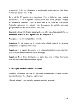 161
et septembre 2016. Les thématiques du questionnaire ont été inspirées d’une étude
réalisée par (Gerald & al , 2015).
On a généré 94 questionnaires renseignés. Pour le traitement des résultats
de recherche, et afin de répondre à notre question, nous avons opté pour l’analyse
en composante principale. Ce choix réside dans le fait qu’elle est une analyse
factorielle exploratoire, notre objectif étant de regrouper des variables dans des
groupes limités afin de voir les relations entre elles.
La problématique : Quels sont les compétences et les capacités essentielles qui
permettent la réussite de la digitalisation des entreprises ?
Nous posons à ce titre les hypothèses suivantes :
Hypothèse 1 : La réussite de la transformation digitale dépend de certaines
compétences et capacités intrinsèques
Hypothèse 2 : la capacité d’innovation et de collaboration de l’entreprise ont un lien
avec un niveau de transformation digitale développé
Hypothèse 3 : le défaut d’intégration du digital dans une stratégie d’entreprise
a un lien avec une faible transformation digitale
5.2 Analyse des résultats de l’enquête
Le tableau 15 dresse le bilan final de l’analyse en composantes principales du niveau
de maturité digitale des entreprises algériennes :
- Dans la colonne1, nous avons les composantes et les variables :
 