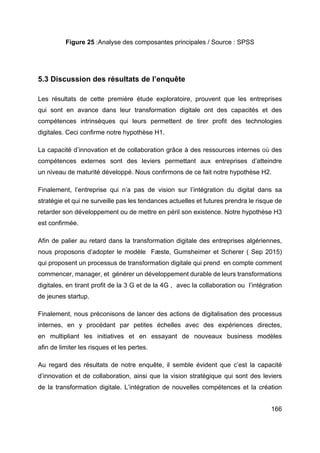 166
Figure 25 :Analyse des composantes principales / Source : SPSS
5.3 Discussion des résultats de l’enquête
Les résultats de cette première étude exploratoire, prouvent que les entreprises
qui sont en avance dans leur transformation digitale ont des capacités et des
compétences intrinsèques qui leurs permettent de tirer profit des technologies
digitales. Ceci confirme notre hypothèse H1.
La capacité d’innovation et de collaboration grâce à des ressources internes où des
compétences externes sont des leviers permettant aux entreprises d’atteindre
un niveau de maturité développé. Nous confirmons de ce fait notre hypothèse H2.
Finalement, l’entreprise qui n’a pas de vision sur l’intégration du digital dans sa
stratégie et qui ne surveille pas les tendances actuelles et futures prendra le risque de
retarder son développement ou de mettre en péril son existence. Notre hypothèse H3
est confirmée.
Afin de palier au retard dans la transformation digitale des entreprises algériennes,
nous proposons d’adopter le modèle Fæste, Gumsheimer et Scherer ( Sep 2015)
qui proposent un processus de transformation digitale qui prend en compte comment
commencer, manager, et générer un développement durable de leurs transformations
digitales, en tirant profit de la 3 G et de la 4G , avec la collaboration ou l’intégration
de jeunes startup.
Finalement, nous préconisons de lancer des actions de digitalisation des processus
internes, en y procédant par petites échelles avec des expériences directes,
en multipliant les initiatives et en essayant de nouveaux business modèles
afin de limiter les risques et les pertes.
Au regard des résultats de notre enquête, il semble évident que c’est la capacité
d’innovation et de collaboration, ainsi que la vision stratégique qui sont des leviers
de la transformation digitale. L’intégration de nouvelles compétences et la création
 