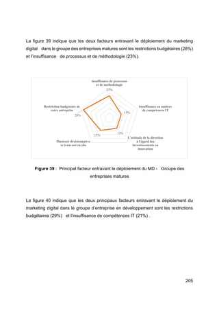 205
La figure 39 indique que les deux facteurs entravant le déploiement du marketing
digital dans le groupe des entreprises matures sont les restrictions budgétaires (28%)
et l’insuffisance de processus et de méthodologie (23%).
Figure 39 : Principal facteur entravant le déploiement du MD - Groupe des
entreprises matures
La figure 40 indique que les deux principaux facteurs entravant le déploiement du
marketing digital dans le groupe d’entreprise en développement sont les restrictions
budgétaires (29%) et l’insuffisance de compétences IT (21%) .
23%
13%
13%
15%
28%
insuffisance de processus
et de methodologie
Insuffisance en matiere
de compétences IT
L’attitude de la direction
à l'égard des
investissements en
innovation
Plusieurs décisionnaires
se trouvant en silo
Restriction budgetaire de
votre entreprise
 