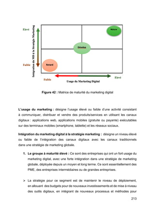 213
Figure 42 : Matrice de maturité du marketing digital
L’usage du marketing : désigne l’usage élevé ou faible d’une activité consistant
à communiquer, distribuer et vendre des produits/services en utilisant les canaux
digitaux : applications web, applications mobiles (gratuite ou payante) exécutables
sur des terminaux mobiles (smartphone, tablette) et les réseaux sociaux.
Intégration du marketing digital à la stratégie marketing : désigne un niveau élevé
ou faible de l’intégration des canaux digitaux avec les canaux traditionnels
dans une stratégie de marketing globale.
1. Le groupe à maturité élevé : Ce sont des entreprises qui ont un fort usage du
marketing digital, avec une forte intégration dans une stratégie de marketing
globale, déployée depuis un moyen et long terme. Ce sont essentiellement des
PME, des entreprises intermédiaires ou de grandes entreprises.
Ø La stratégie pour ce segment est de maintenir le niveau de déploiement,
en allouant des budgets pour de nouveaux investissements et de mise à niveau
des outils digitaux, en intégrant de nouveaux processus et méthodes pour
 