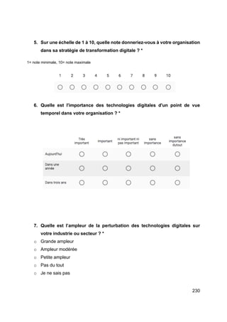 230
5. Sur une échelle de 1 à 10, quelle note donneriez-vous à votre organisation
dans sa stratégie de transformation digitale ? *
1= note minimale, 10= note maximale
6. Quelle est l'importance des technologies digitales d'un point de vue
temporel dans votre organisation ? *
7. Quelle est l’ampleur de la perturbation des technologies digitales sur
votre industrie ou secteur ? *
o Grande ampleur
o Ampleur modérée
o Petite ampleur
o Pas du tout
o Je ne sais pas
 