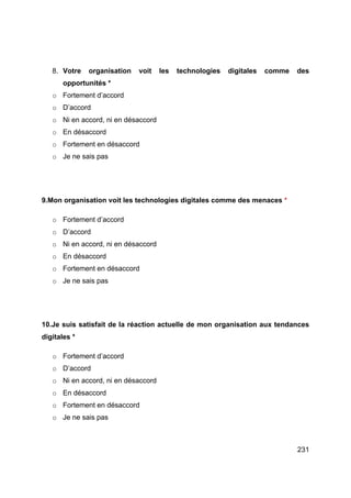 231
8. Votre organisation voit les technologies digitales comme des
opportunités *
o Fortement d’accord
o D’accord
o Ni en accord, ni en désaccord
o En désaccord
o Fortement en désaccord
o Je ne sais pas
9.Mon organisation voit les technologies digitales comme des menaces *
o Fortement d’accord
o D’accord
o Ni en accord, ni en désaccord
o En désaccord
o Fortement en désaccord
o Je ne sais pas
10.Je suis satisfait de la réaction actuelle de mon organisation aux tendances
digitales *
o Fortement d’accord
o D’accord
o Ni en accord, ni en désaccord
o En désaccord
o Fortement en désaccord
o Je ne sais pas
 