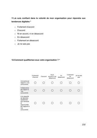 232
11.Je suis confiant dans la volonté de mon organisation pour répondre aux
tendances digitales *
o Fortement d’accord
o D’accord
o Ni en accord, ni en désaccord
o En désaccord
o Fortement en désaccord
o Je ne sais pas
12.Comment qualifieriez-vous votre organisation ? *
 