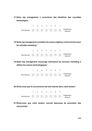 245
17.Notre top management a conscience des bénéfices des nouvelles
technologies *
18.Notre top management considère les canaux digitaux comme leviers pour
les activités marketing *
19.Notre top management encourage activement les services marketing à
utiliser les canaux technologiques *
20.Diriez-vous que la concurrence est très intense dans votre secteur *
21.Diriez-vous que votre secteur connait beaucoup de promotion des
concurrents *
 