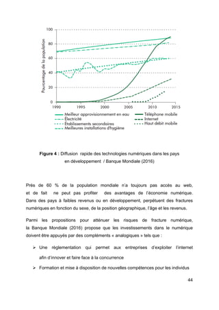 44
Figure 4 : Diffusion rapide des technologies numériques dans les pays
en développement / Banque Mondiale (2016)
Près de 60 % de la population mondiale n’a toujours pas accès au web,
et de fait ne peut pas profiter des avantages de l’économie numérique.
Dans des pays à faibles revenus ou en développement, perpétuent des fractures
numériques en fonction du sexe, de la position géographique, l’âge et les revenus.
Parmi les propositions pour atténuer les risques de fracture numérique,
la Banque Mondiale (2016) propose que les investissements dans le numérique
doivent être appuyés par des compléments « analogiques » tels que :
Ø Une règlementation qui permet aux entreprises d’exploiter l’internet
afin d’innover et faire face à la concurrence
Ø Formation et mise à disposition de nouvelles compétences pour les individus
 