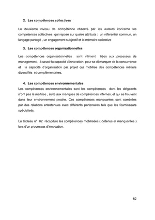 62
2. Les compétences collectives
Le deuxieme niveau de compétence observé par les auteurs concerne les
competences collectives qui repose sur quatre attributs : un référentiel commun, un
langage partagé , un engagement subjectif et la mémoire collective
3. Les compétences organisationnelles
Les compétences organisationnelles sont intiment liées aux processus de
management , à savoir la capacité d’innovation pour se démarquer de la concurrence
et la capacité d’organisation par projet qui mobilise des compétences métiers
diversifiés et complémentaires.
4. Les compétences environnementales
Les compétences environnementales sont les compétences dont les dirigeants
n’ont pas la maitrise , suite aux manques de compétences internes, et qui se trouvent
dans leur environnement proche. Ces compétences manquantes sont comblées
par des relations entretenues avec différents partenaires tels que les fournisseurs
spécialisés.
Le tableau n° 02 récapitule les compétences mobilisées ( détenus et manquantes )
lors d’un processus d’innovation.
 