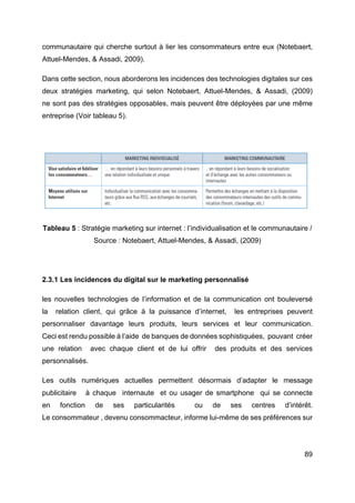 89
communautaire qui cherche surtout à lier les consommateurs entre eux (Notebaert,
Attuel-Mendes, & Assadi, 2009).
Dans cette section, nous aborderons les incidences des technologies digitales sur ces
deux stratégies marketing, qui selon Notebaert, Attuel-Mendes, & Assadi, (2009)
ne sont pas des stratégies opposables, mais peuvent être déployées par une même
entreprise (Voir tableau 5).
Tableau 5 : Stratégie marketing sur internet : l’individualisation et le communautaire /
Source : Notebaert, Attuel-Mendes, & Assadi, (2009)
2.3.1 Les incidences du digital sur le marketing personnalisé
les nouvelles technologies de l’information et de la communication ont bouleversé
la relation client, qui grâce à la puissance d’internet, les entreprises peuvent
personnaliser davantage leurs produits, leurs services et leur communication.
Ceci est rendu possible à l’aide de banques de données sophistiquées, pouvant créer
une relation avec chaque client et de lui offrir des produits et des services
personnalisés.
Les outils numériques actuelles permettent désormais d’adapter le message
publicitaire à chaque internaute et ou usager de smartphone qui se connecte
en fonction de ses particularités ou de ses centres d’intérêt.
Le consommateur , devenu consommacteur, informe lui-même de ses préférences sur
 