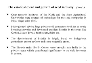 The establishment and growth of seed industry               (Contd...)


 Crop research institutes of the ICAR and the St...