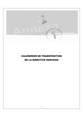 CALENDRIER DE TRANSPOSITION
  DE LA DIRECTIVE SERVICES




             1
 
