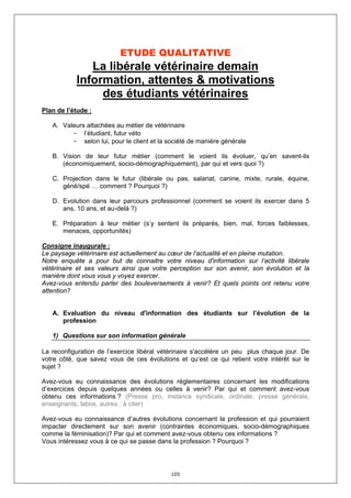 ETUDE QUALITATIVE
              La libérale vétérinaire demain
           Information, attentes & motivations
                des étudiants vétérinaires
Plan de l’étude :

   A. Valeurs attachées au métier de vétérinaire
         - l’étudiant, futur véto
         - selon lui, pour le client et la société de manière générale

   B. Vision de leur futur métier (comment le voient ils évoluer, qu’en savent-ils
      (économiquement, socio-démographiquement), par qui et vers quoi ?)

   C. Projection dans le futur (libérale ou pas, salariat, canine, mixte, rurale, équine,
      géné/spé … comment ? Pourquoi ?)

   D. Evolution dans leur parcours professionnel (comment se voient ils exercer dans 5
      ans, 10 ans, et au-delà ?)

   E. Préparation à leur métier (s’y sentent ils préparés, bien, mal, forces faiblesses,
      menaces, opportunités)

Consigne inaugurale :
Le paysage vétérinaire est actuellement au cœur de l’actualité et en pleine mutation.
Notre enquête a pour but de connaitre votre niveau d'information sur l’activité libérale
vétérinaire et ses valeurs ainsi que votre perception sur son avenir, son évolution et la
manière dont vous vous y voyez exercer.
Avez-vous entendu parler des bouleversements à venir? Et quels points ont retenu votre
attention?


   A. Evaluation du niveau d'information des étudiants sur l’évolution de la
      profession

   1) Questions sur son information générale

La reconfiguration de l’exercice libéral vétérinaire s'accélère un peu plus chaque jour. De
votre côté, que savez vous de ces évolutions et qu’est ce qui retient votre intérêt sur le
sujet ?

Avez-vous eu connaissance des évolutions réglementaires concernant les modifications
d’exercices depuis quelques années ou celles à venir? Par qui et comment avez-vous
obtenu ces informations ? (Presse pro, instance syndicale, ordinale, presse générale,
enseignants, labos, autres : à citer)

Avez-vous eu connaissance d’autres évolutions concernant la profession et qui pourraient
impacter directement sur son avenir (contraintes économiques, socio-démographiques
comme la féminisation)? Par qui et comment avez-vous obtenu ces informations ?
Vous intéressez vous à ce qui se passe dans la profession ? Pourquoi ?




                                            105
 