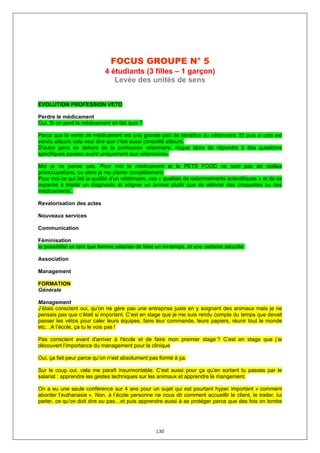 FOCUS GROUPE N° 5
                             4 étudiants (3 filles – 1 garçon)
                                Levée des unités de sens


EVOLUTION PROFESSION VETO

Perdre le médicament
Oui. Si on perd le médicament on fait quoi ?

Parce que la vente de médicament est une grande part de bénéfice du vétérinaire. Et puis si cela est
vendu ailleurs cela veut dire que c'est aussi conseillé ailleurs.
D'autre gens en dehors de la profession vétérinaire, risque alors de répondre à des questions
spécifiques posées avant uniquement aux vétérinaires.

Moi je ne pense pas. Pour moi le médicament et le PETS FOOD ne sont pas de réelles
préoccupations, ou alors je me plante complètement.
Pour moi ce qui fait la qualité d'un vétérinaire, ces « qualités de raisonnements scientifiques » et de sa
capacité à établir un diagnostic et soigner un animal plutôt que de délivrer des croquettes ou des
médicaments..

Revalorisation des actes

Nouveaux services

Communication

Féminisation
la possibilité en tant que femme salariée de faire un mi-temps, et une certaine sécurité.

Association

Management

FORMATION
Générale

Management
J’étais conscient oui, qu’on ne gère pas une entreprise juste en y soignant des animaux mais je ne
pensais pas que c’était si important. C’est en stage que je me suis rendu compte du temps que devait
passer les vétos pour caler leurs équipes, faire leur commande, leurs papiers, réunir tout le monde
etc…A l’école, ça tu le vois pas !

Pas conscient avant d'arriver à l'école et de faire mon premier stage ? C’est en stage que j’ai
découvert l’importance du management pour la clinique

Oui, ça fait peur parce qu’on n’est absolument pas formé à ça.

Sur le coup oui, cela me paraît insurmontable. C’est aussi pour ça qu’en sortant tu passes par le
salariat : apprendre les gestes techniques sur les animaux et apprendre le mangement.

On a eu une seule conférence sur 4 ans pour un sujet qui est pourtant hyper important « comment
aborder l'euthanasie ». Non, à l’école personne ne nous dit comment accueillir le client, le traiter, lui
parler, ce qu’on doit dire ou pas…et puis apprendre aussi à se protéger parce que des fois on tombe




                                                   130
 