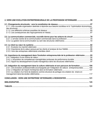 2. VERS UNE EVOLUTION ENTREPRENEURIALE DE LA PROFESSION VETERINAIRE ..........................55

2.1. Changements structurels : vers la constitution de réseaux .................................................................57
  2.1.1. Une nouvelle organisation destinée à répondre aux besoins sociétaux et à l’optimisation économique
  des structures .................................................................................................................................................57
  2.1.2. Les différents schémas possibles de réseaux ......................................................................................60
  2.1.3. Les conséquences des regroupements en réseau ...............................................................................67

2.2. La communication commerciale, nouvelle donne pour les acteurs du circuit ...................................70
  2.2.1. L’arrivée crainte de la communication commerciale dans la profession...............................................70
  2.2.2. La gestion de la communication au sein des structures vétérinaires....................................................72

2.3. Le client au cœur du système..................................................................................................................82
  2.3.1. Evolution du marché vétérinaire ...........................................................................................................82
  2.3.2. Importance de la valeur perçue par les clients et analyse de leur fidélité.............................................86
  2.3.3. Vers des entreprises vétérinaires orientées client ................................................................................89

2.4. Importance du management dans l’évolution entrepreneuriale de la profession vétérinaire ...........93
  2.4.1 Intégration d’une chaîne de valeur.........................................................................................................94
  2.4.2. L’acquisition de compétences managériales porteuses de performance durable ................................95
  2.4.3. Apport du développement d’outils managériaux dans les structures vétérinaires ................................97

2.5. Intégration du management dans la culture vétérinaire et son parcours de formation...................104
  2.5.1. Une évolution professionnelle accompagnée par l’intégration de valeurs entrepreneuriales ............104
  2.5.2. L’intégration de l’esprit d’entreprise dans la formation vétérinaire......................................................107
  2.5.3. La création d’un fond de dotations comme structure de portage à la création de chaire en
  management dans les écoles vétérinaires....................................................................................................117

CONCLUSION : VERS UNE ENTREPRISE VETERINAIRE A REINVENTER….. .........................................121

BIBLIOGRAPHIE……………………………………………………………………………………………………… 125

TABLES………………………………………………………………………………………………………………… 131
 