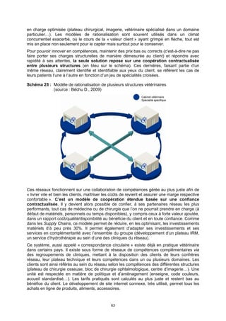en charge optimisée (plateau chirurgical, imagerie, vétérinaire spécialisé dans un domaine
particulier…). Les modèles de rationalisation sont souvent utilisés dans un climat
concurrentiel exacerbé, où le cours de la « valeur client » ayant grimpé en flèche, tout est
mis en place non seulement pour le capter mais surtout pour le conserver.
Pour pouvoir innover en compétences, maintenir des prix bas ou corrects (c'est-à-dire ne pas
faire porter ses charges structurelles de manière démesurée au client) et répondre avec
rapidité à ses attentes, la seule solution repose sur une coopération contractualisée
entre plusieurs structures (en bleu sur le schéma). Ces dernières, faisant partie d’un
même réseau, clairement identifié et identifiable aux yeux du client, se réfèrent les cas de
leurs patients l’une à l’autre en fonction d’un jeu de spécialités croisées.

Schéma 25 : Modèle de rationalisation de plusieurs structures vétérinaires
            (source : Béchu D., 2009)




Ces réseaux fonctionnent sur une collaboration de compétences gérée au plus juste afin de
« livrer vite et bien les clients, maîtriser les coûts de revient et assurer une marge respective
confortable ». C’est un modèle de coopération étendue basée sur une confiance
contractualisée. Il y devient alors possible de confier, à ses partenaires réseau les plus
performants, tout cas de médecine ou de chirurgie que l’on ne pourrait prendre en charge (à
défaut de matériels, personnels ou temps disponibles), y compris ceux à forte valeur ajoutée,
dans un rapport coût/qualité/disponibilité au bénéficie du client et en toute confiance. Comme
dans les Supply Chains, ce modèle permet de réduire, en les optimisant, les investissements
matériels d’à peu près 30%. Il permet également d’adapter ses investissements et ses
services en complémentarité avec l’ensemble du groupe (développement d’un plateau IRM,
un service d’hydrothérapie au sein d’une des cliniques du réseau).
Ce système, aussi appelé « correspondance circulaire » existe déjà en pratique vétérinaire
dans certains pays. Il existe sous forme de réseaux de compétences complémentaires via
des regroupements de cliniques, mettant à la disposition des clients de leurs confrères
réseau, leur plateau technique et leurs compétences dans un ou plusieurs domaines. Les
clients sont ainsi référés au sein du réseau selon les compétences des différentes structures
(plateau de chirurgie osseuse, bloc de chirurgie ophtalmologique, centre d’imagerie…). Une
unité est respectée en matière de politique et d’aménagement (enseigne, code couleurs,
accueil standardisé…). Les tarifs pratiqués sont calculés au plus juste et restent bas au
bénéfice du client. Le développement de site internet connexe, très utilisé, permet tous les
achats en ligne de produits, aliments, accessoires.



                                               63
 