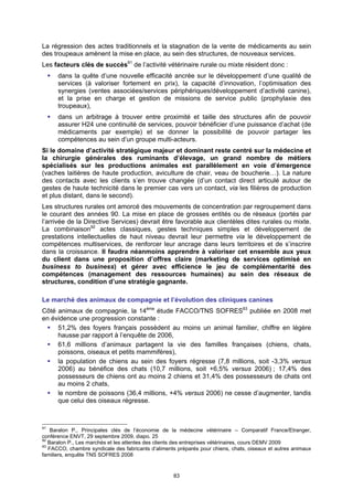 La régression des actes traditionnels et la stagnation de la vente de médicaments au sein
des troupeaux amènent la mise en place, au sein des structures, de nouveaux services.
Les facteurs clés de succès91 de l’activité vétérinaire rurale ou mixte résident donc :
      dans la quête d’une nouvelle efficacité ancrée sur le développement d’une qualité de
      services (à valoriser fortement en prix), la capacité d’innovation, l’optimisation des
      synergies (ventes associées/services périphériques/développement d’activité canine),
      et la prise en charge et gestion de missions de service public (prophylaxie des
      troupeaux),
      dans un arbitrage à trouver entre proximité et taille des structures afin de pouvoir
      assurer H24 une continuité de services, pouvoir bénéficier d’une puissance d’achat (de
      médicaments par exemple) et se donner la possibilité de pouvoir partager les
      compétences au sein d’un groupe multi-acteurs.
Si le domaine d’activité stratégique majeur et dominant reste centré sur la médecine et
la chirurgie générales des ruminants d’élevage, un grand nombre de métiers
spécialisés sur les productions animales est parallèlement en voie d’émergence
(vaches laitières de haute production, aviculture de chair, veau de boucherie…). La nature
des contacts avec les clients s’en trouve changée (d’un contact direct articulé autour de
gestes de haute technicité dans le premier cas vers un contact, via les filières de production
et plus distant, dans le second).
Les structures rurales ont amorcé des mouvements de concentration par regroupement dans
le courant des années 90. La mise en place de grosses entités ou de réseaux (portés par
l’arrivée de la Directive Services) devrait être favorable aux clientèles dites rurales ou mixte.
La combinaison92 actes classiques, gestes techniques simples et développement de
prestations intellectuelles de haut niveau devrait leur permettre via le développement de
compétences multiservices, de renforcer leur ancrage dans leurs territoires et de s’inscrire
dans la croissance. Il faudra néanmoins apprendre à valoriser cet ensemble aux yeux
du client dans une proposition d’offres claire (marketing de services optimisé en
business to business) et gérer avec efficience le jeu de complémentarité des
compétences (management des ressources humaines) au sein des réseaux de
structures, condition d’une stratégie gagnante.

Le marché des animaux de compagnie et l’évolution des cliniques canines
Côté animaux de compagnie, la 14ème étude FACCO/TNS SOFRES93 publiée en 2008 met
en évidence une progression constante :
     51,2% des foyers français possèdent au moins un animal familier, chiffre en légère
     hausse par rapport à l’enquête de 2006,
     61,6 millions d’animaux partagent la vie des familles françaises (chiens, chats,
     poissons, oiseaux et petits mammifères),
     la population de chiens au sein des foyers régresse (7,8 millions, soit -3,3% versus
     2006) au bénéfice des chats (10,7 millions, soit +6,5% versus 2006) ; 17,4% des
     possesseurs de chiens ont au moins 2 chiens et 31,4% des possesseurs de chats ont
     au moins 2 chats,
     le nombre de poissons (36,4 millions, +4% versus 2006) ne cesse d’augmenter, tandis
     que celui des oiseaux régresse.



91
    Baralon P., Principales clés de l’économie de la médecine vétérinaire – Comparatif France/Etranger,
conférence ENVT, 29 septembre 2009, diapo. 25
92
   Baralon P., Les marchés et les attentes des clients des entreprises vétérinaires, cours DEMV 2009
93
   FACCO, chambre syndicale des fabricants d’aliments préparés pour chiens, chats, oiseaux et autres animaux
familiers, enquête TNS SOFRES 2008


                                                    83
 