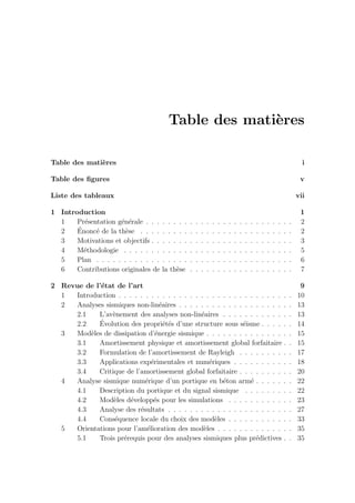 Table des mati`eres
Table des mati`eres i
Table des ﬁgures v
Liste des tableaux vii
1 Introduction 1
1 Pr´esentation g´en´erale . . . . . . . . . . . . . . . . . . . . . . . . . . . 2
2 ´Enonc´e de la th`ese . . . . . . . . . . . . . . . . . . . . . . . . . . . . 2
3 Motivations et objectifs . . . . . . . . . . . . . . . . . . . . . . . . . . 3
4 M´ethodologie . . . . . . . . . . . . . . . . . . . . . . . . . . . . . . . 5
5 Plan . . . . . . . . . . . . . . . . . . . . . . . . . . . . . . . . . . . . 6
6 Contributions originales de la th`ese . . . . . . . . . . . . . . . . . . . 7
2 Revue de l’´etat de l’art 9
1 Introduction . . . . . . . . . . . . . . . . . . . . . . . . . . . . . . . . 10
2 Analyses sismiques non-lin´eaires . . . . . . . . . . . . . . . . . . . . . 13
2.1 L’av`enement des analyses non-lin´eaires . . . . . . . . . . . . . 13
2.2 ´Evolution des propri´et´es d’une structure sous s´eisme . . . . . . 14
3 Mod`eles de dissipation d’´energie sismique . . . . . . . . . . . . . . . . 15
3.1 Amortissement physique et amortissement global forfaitaire . . 15
3.2 Formulation de l’amortissement de Rayleigh . . . . . . . . . . 17
3.3 Applications exp´erimentales et num´eriques . . . . . . . . . . . 18
3.4 Critique de l’amortissement global forfaitaire . . . . . . . . . . 20
4 Analyse sismique num´erique d’un portique en b´eton arm´e . . . . . . . 22
4.1 Description du portique et du signal sismique . . . . . . . . . 22
4.2 Mod`eles d´evelopp´es pour les simulations . . . . . . . . . . . . 23
4.3 Analyse des r´esultats . . . . . . . . . . . . . . . . . . . . . . . 27
4.4 Cons´equence locale du choix des mod`eles . . . . . . . . . . . . 33
5 Orientations pour l’am´elioration des mod`eles . . . . . . . . . . . . . . 35
5.1 Trois pr´erequis pour des analyses sismiques plus pr´edictives . . 35
 