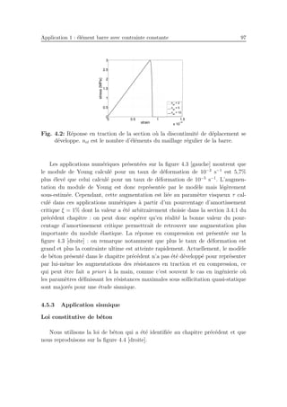 Application 1 : ´el´ement barre avec contrainte constante 97
0 0.5 1 1.5
x 10
−4
0
0.5
1
1.5
2
2.5
3
strain
stress(MPa)
nel
= 2
nel
= 5
nel
= 10
Fig. 4.2: R´eponse en traction de la section o`u la discontinuit´e de d´eplacement se
d´eveloppe. nel est le nombre d’´el´ements du maillage r´egulier de la barre.
Les applications num´eriques pr´esent´ees sur la ﬁgure 4.3 [gauche] montrent que
le module de Young calcul´e pour un taux de d´eformation de 10−2
s−1
est 5,7%
plus ´elev´e que celui calcul´e pour un taux de d´eformation de 10−5
s−1
. L’augmen-
tation du module de Young est donc repr´esent´ee par le mod`ele mais l´eg`erement
sous-estim´ee. Cependant, cette augmentation est li´ee au param`etre visqueux τ cal-
cul´e dans ces applications num´eriques `a partir d’un pourcentage d’amortissement
critique ξ = 1% dont la valeur a ´et´e arbitrairement choisie dans la section 3.4.1 du
pr´ec´edent chapitre : on peut donc esp´erer qu’en r´ealit´e la bonne valeur du pour-
centage d’amortissement critique permettrait de retrouver une augmentation plus
importante du module ´elastique. La r´eponse en compression est pr´esent´ee sur la
ﬁgure 4.3 [droite] : on remarque notamment que plus le taux de d´eformation est
grand et plus la contrainte ultime est atteinte rapidement. Actuellement, le mod`ele
de b´eton pr´esent´e dans le chapitre pr´ec´edent n’a pas ´et´e d´evelopp´e pour repr´esenter
par lui-mˆeme les augmentations des r´esistances en traction et en compression, ce
qui peut ˆetre fait a priori `a la main, comme c’est souvent le cas en ing´enierie o`u
les param`etres d´eﬁnissant les r´esistances maximales sous sollicitation quasi-statique
sont major´es pour une ´etude sismique.
4.5.3 Application sismique
Loi constitutive de b´eton
Nous utilisons la loi de b´eton qui a ´et´e identiﬁ´ee au chapitre pr´ec´edent et que
nous reproduisons sur la ﬁgure 4.4 [droite].
 