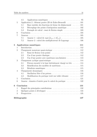 Table des mati`eres iii
4.5 Applications num´eriques . . . . . . . . . . . . . . . . . . . . . 95
5 Application 2 : ´el´ement poutre 2D de Euler-Bernoulli . . . . . . . . . 101
5.1 Base enrichie des fonctions de forme du d´eplacement . . . . . 101
5.2 D´ecouplage des points d’int´egration num´erique . . . . . . . . . 102
5.3 Exemple de calcul : essai de ﬂexion simple . . . . . . . . . . . 103
6 Conclusion . . . . . . . . . . . . . . . . . . . . . . . . . . . . . . . . . 104
7 Annexes . . . . . . . . . . . . . . . . . . . . . . . . . . . . . . . . . . 105
7.1 Annexe 1 : calcul de sign βn+1 + ¯κp
n+1 . . . . . . . . . . . . . 105
7.2 Annexe 2 : calcul des multiplicateurs de Lagrange . . . . . . . 108
5 Applications num´eriques 111
1 Introduction . . . . . . . . . . . . . . . . . . . . . . . . . . . . . . . . 112
2 Chargement monotone quasi-statique . . . . . . . . . . . . . . . . . . 112
2.1 Essai de ﬂexion trois points . . . . . . . . . . . . . . . . . . . 112
2.2 Cas d’une poutre ´elastique . . . . . . . . . . . . . . . . . . . . 112
2.3 Cas d’une poutre avec mat´eriaux non-lin´eaires . . . . . . . . . 113
3 Chargement cyclique quasi-statique . . . . . . . . . . . . . . . . . . . 114
3.1 Poteau encastr´e `a la base lat´eralement charg´e en tˆete . . . . . 114
3.2 Identiﬁcation des mod`eles de mat´eriaux . . . . . . . . . . . . . 115
3.3 R´esultats num´eriques . . . . . . . . . . . . . . . . . . . . . . . 115
4 Chargements dynamiques . . . . . . . . . . . . . . . . . . . . . . . . 116
4.1 Oscillation libre d’un poteau . . . . . . . . . . . . . . . . . . . 116
4.2 Mod´elisation du portique test´e sur table vibrante . . . . . . . 117
5 Conclusion . . . . . . . . . . . . . . . . . . . . . . . . . . . . . . . . . 121
6 Annexe : donn´ees d’entr´ee pour le calcul du portique . . . . . . . . . 122
6 Conclusion 131
1 Rappel des principales contributions . . . . . . . . . . . . . . . . . . 132
2 Quelques points `a d´evelopper . . . . . . . . . . . . . . . . . . . . . . 134
3 Perspectives . . . . . . . . . . . . . . . . . . . . . . . . . . . . . . . . 135
Bibliographie 137
 