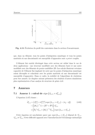 Annexes 105
−6 −4 −2 0 2 4
−0.5
0
0.5
stress (MPa)
z-coordinate(m)
t=0.0
t=0.2
t=0.4
t=0.6
t=0.8
t=1.0
Fig. 4.11: ´Evolution du proﬁl des contraintes dans la section d’encastrement.
que, dans un ´el´ement, tous les points d’int´egration num´erique et tous les points
mat´eriels o`u une discontinuit´e est susceptible d’apparaˆıtre sont a priori coupl´es.
L’´el´ement ﬁni enrichi d´evelopp´e dans cette section est utilis´e dans le cas de
deux applications : une structure mod´elis´ee avec des ´el´ements barre et une autre
mod´elis´ee avec des ´el´ements de poutre multiﬁbre 2D. Les calculs illustrent certaines
capacit´es de l’´el´ement ﬁni implant´e de sorte que les points d’int´egration num´erique
soient d´ecoupl´es et co¨ıncident avec les points mat´eriels o`u une discontinuit´e est
susceptible d’apparaˆıtre. Dans ce cadre, la stabilit´e de l’algorithme de r´esolution
peut ˆetre assur´ee. Le chapitre suivant pr´esentera des r´esultats d’autres simulations
plus repr´esentatives d’une analyse de structure de g´enie civil.
7 Annexes
7.1 Annexe 1 : calcul de sign βn+1 + ¯κp
n+1
L’´equation (4.47) donne :
¯φp
n+1 = βtest
n+1 + ¯κp,test
n+1 sign βn+1 + ¯κp
n+1 − (σy − ¯qp
n) (4.62)
− H−
n
−1
L + ¯Kp
+ ¯Hp
¯γp
n+1
+ ¯D−1
n ¯γd
n+1 + H−
n
−1
¯¯γp
n+1 sign βn+1 + ¯κp
n+1
Cette ´equation est non-lin´eaire parce que sign βn+1 + ¯κp
n+1 d´epend de ¯γp
n+1,
¯γd
n+1 et ¯¯γp
n+1. Cette diﬃcult´e apparaˆıt avec l’introduction de l’´ecrouissage cin´ematique
 